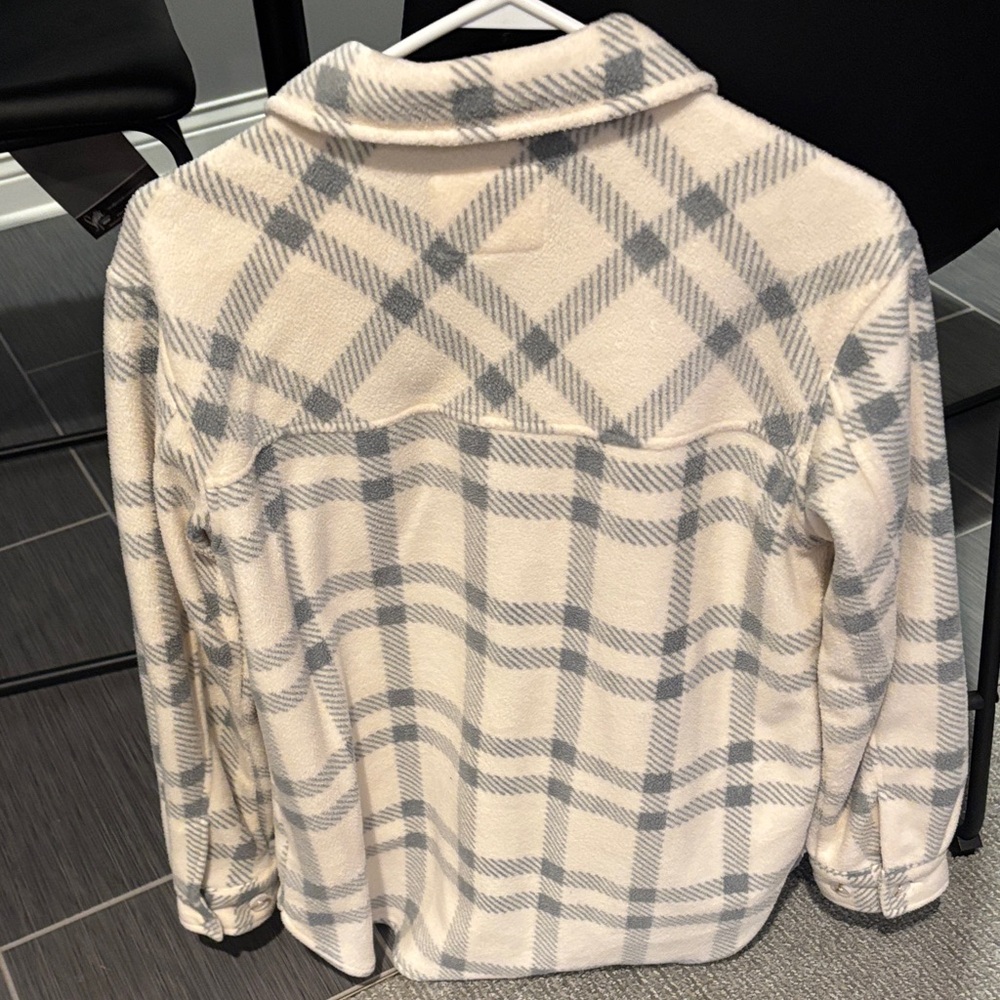Thread & Supply Cream and Light Gray Plaid Fleece Shacket - Picture 3 of 3